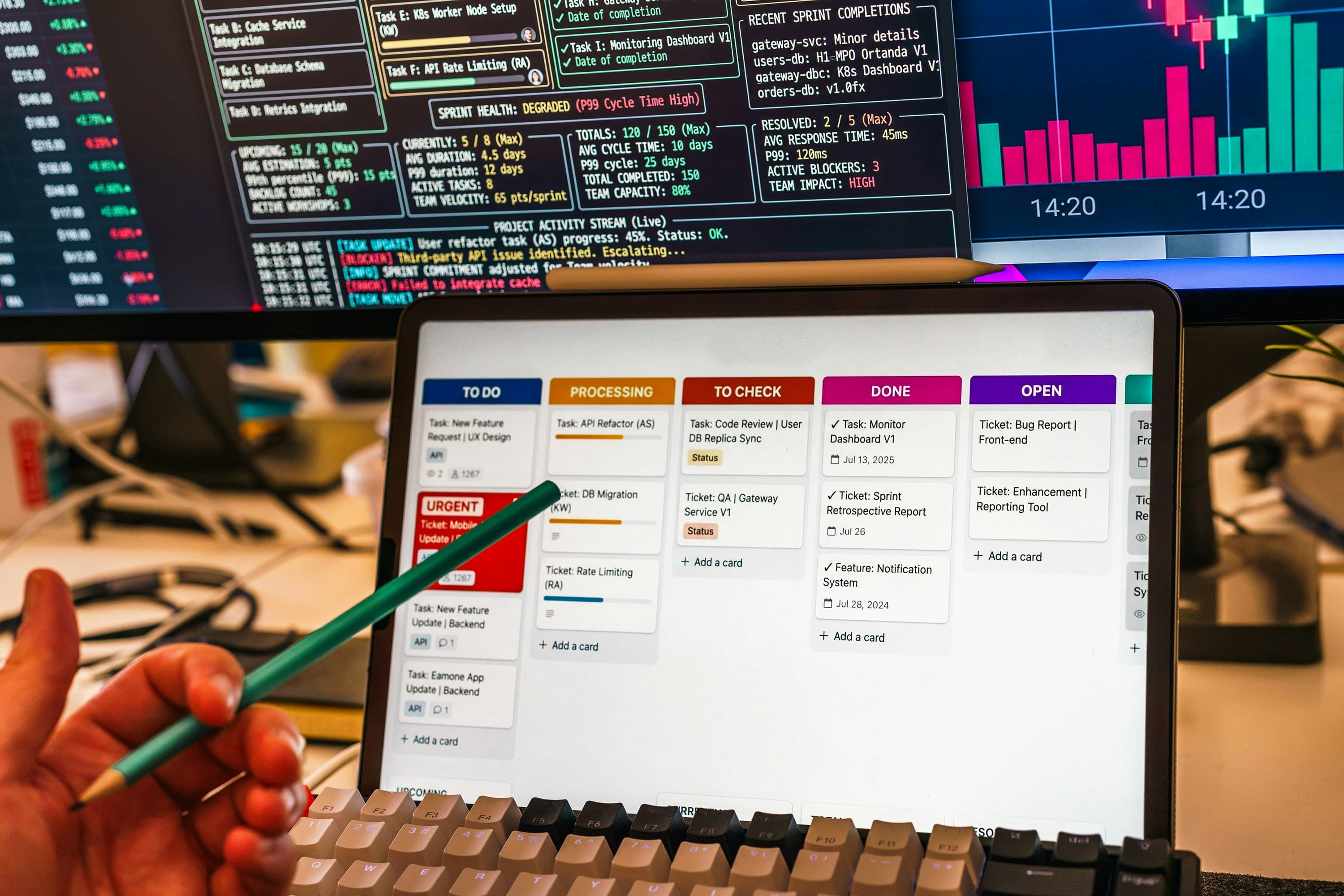 Digital project dashboards, a tablet, and a team member reviewing plans